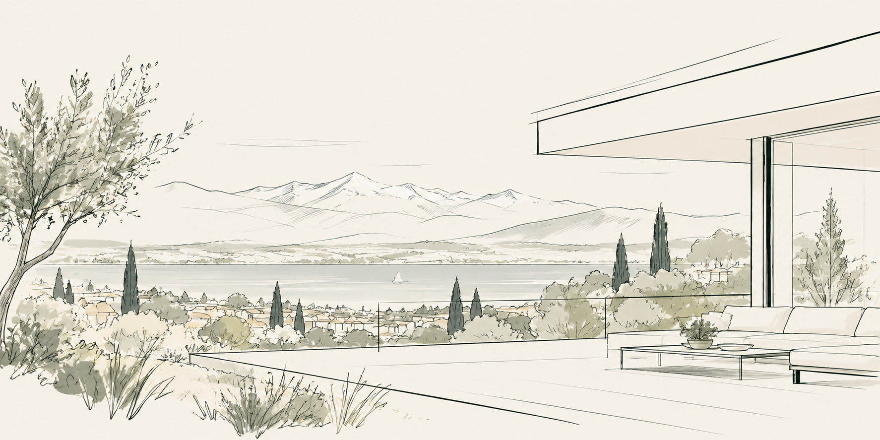 Terrasse contemporaine face au lac Léman et aux montagnes, dessin architectural au trait